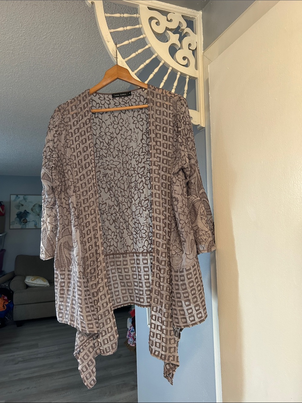 Casual Express Gray Fairy Whimsical Floral Geometric Open-Front Cardigan Size M